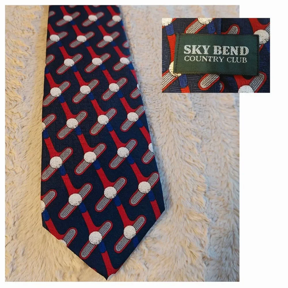 Sky Bend Country Club Men's Tie Golf Balls Clubs Theme Made in USA